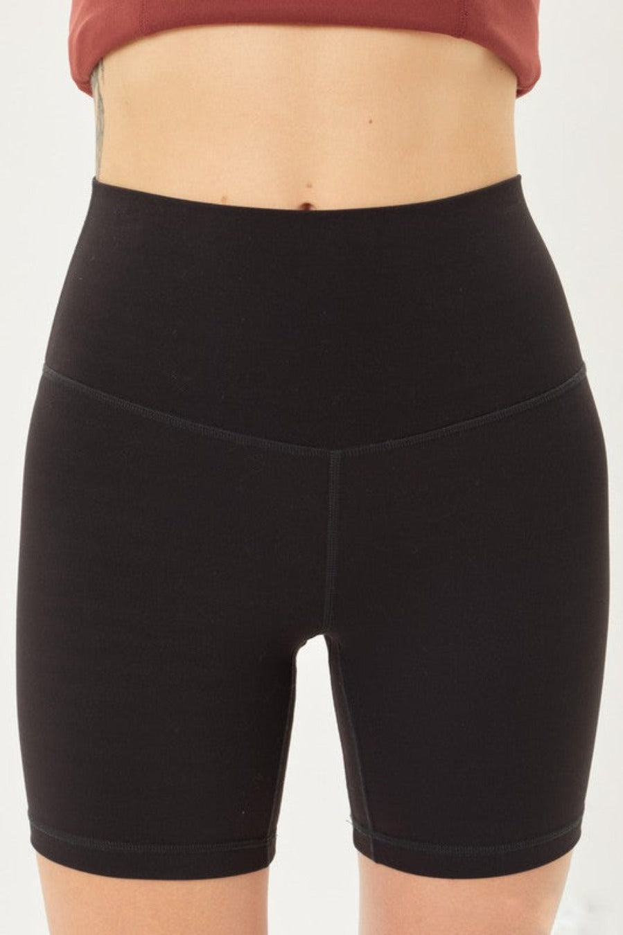 Black CHIC BREEZE BIKER SHORTS - On Model Front View, Wide Waistband Detail | Gameday Couture - SOHO