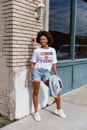 White Clemson Tigers To The Point Flowy Tee - Full Length On Model with Denim Shorts | Gameday Couture - SOHO