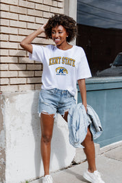 White Kent State Golden Flashes Around We Go Flowy Tee - On Model Front, Styled with Denim Shorts | Gameday Couture - SOHO