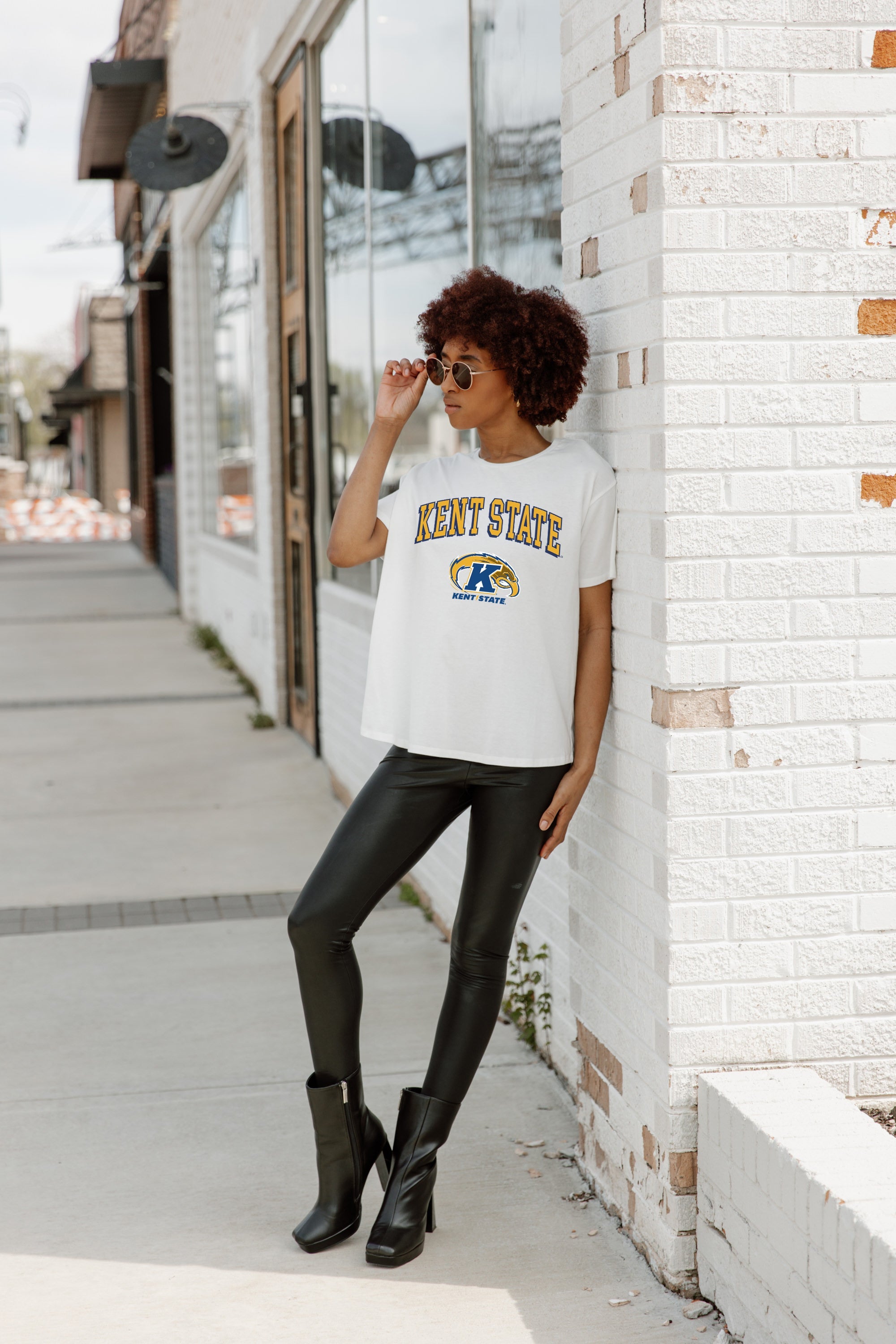 White Kent State Golden Flashes Around We Go Flowy Tee - Street Style with Faux Leather Leggings | Gameday Couture - SOHO
