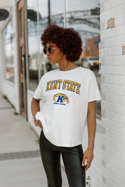 White Kent State Golden Flashes Around We Go Flowy Tee - Front View, Curved Hem Detail with Faux Leather Leggings | Gameday Couture - SOHO
