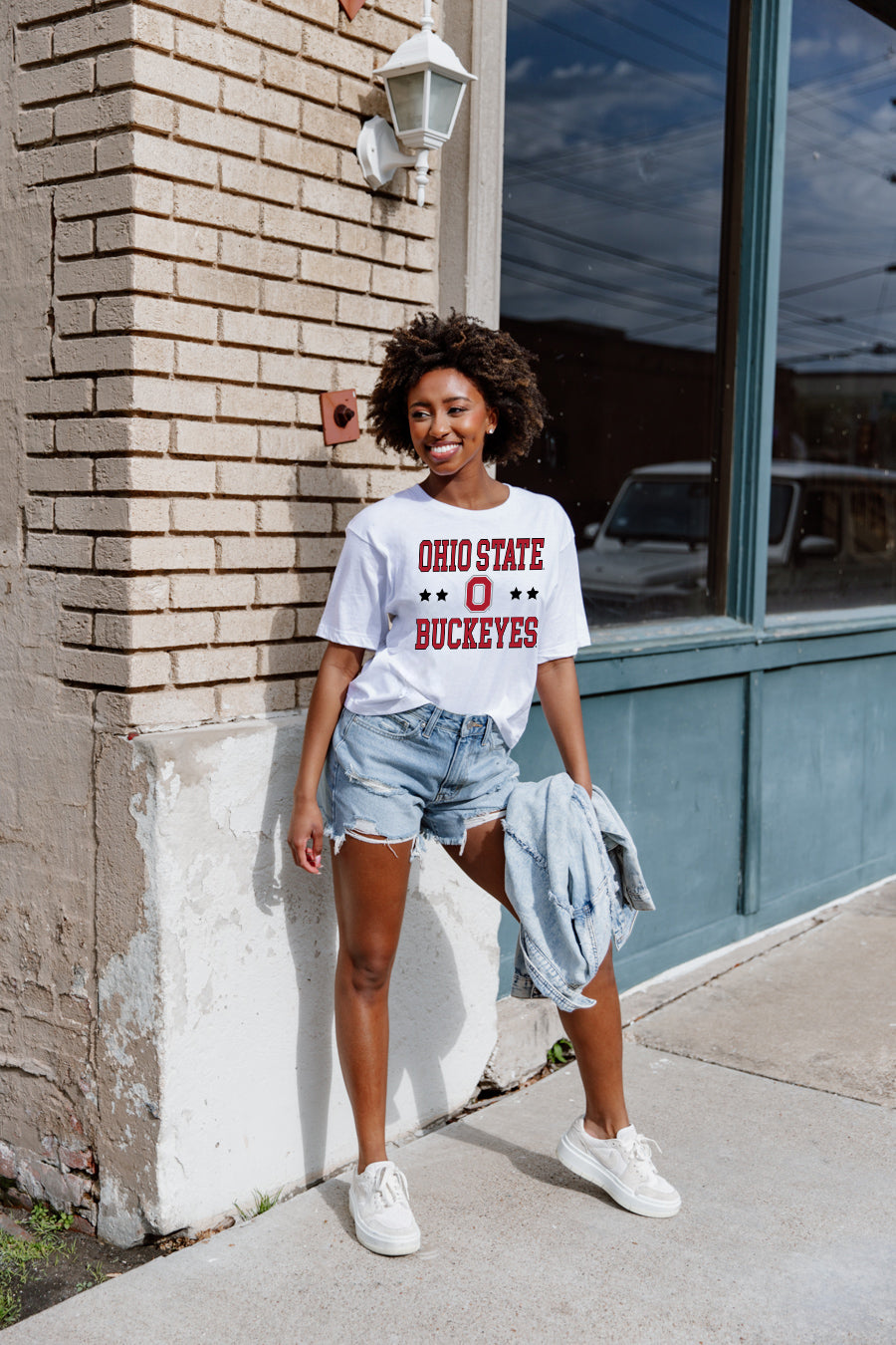 White Ohio State Buckeyes To The Point Flowy Tee - Full Length Styled Look with Denim Shorts | Gameday Couture - SOHO