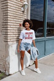 White Ohio State Buckeyes To The Point Flowy Tee - Full Length Styled Look with Denim Shorts | Gameday Couture - SOHO