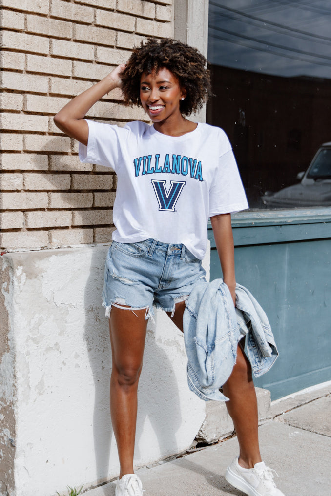 White Villanova Wildcats Around We Go Flowy Tee - On Model Street Style with Denim Shorts | Gameday Couture - SOHO