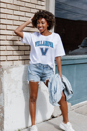 White Villanova Wildcats Around We Go Flowy Tee - On Model Street Style with Denim Shorts | Gameday Couture - SOHO
