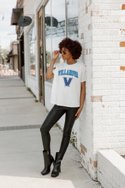 White Villanova Wildcats Around We Go Oversized Flowy Tee - Front View Styled with Black Leather Leggings | Gameday Couture - SOHO