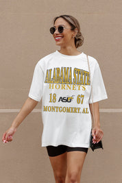 Ivory Alabama State Hornets Unity Oversized Tee - Styled Crouch Pose Street Look | Gameday Couture - SOHO