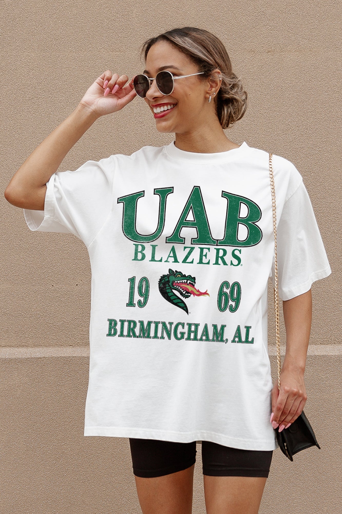 Ivory UAB Blazers Unity Oversized Crewneck Tee - Graphic Detail Close-Up, On Model | Gameday Couture - SOHO