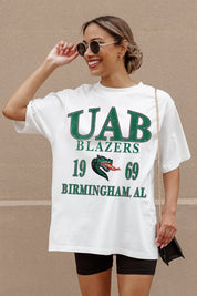 Ivory UAB Blazers Unity Oversized Crewneck Tee - Graphic Detail Close-Up, On Model | Gameday Couture - SOHO