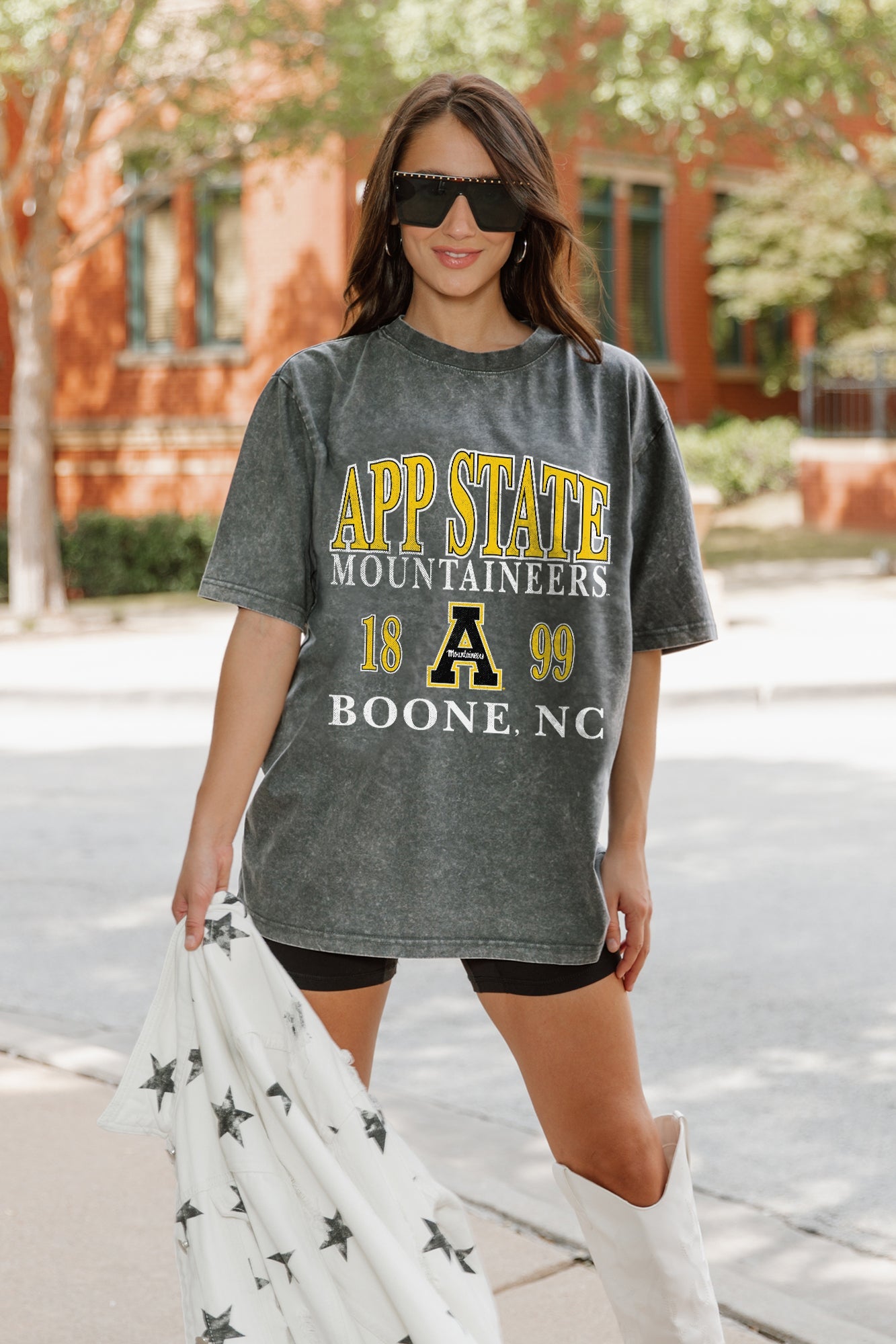 Grey Snow Wash App State Mountaineers Throwback Oversized Crewneck Tee - Front Detail On Model | Gameday Couture - SOHO
