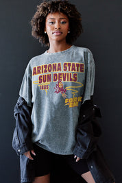 Grey Arizona State Sun Devils KEEP THE LEAD Oversized Tee - Front Close-Up On Model with Jacket | Gameday Couture - SOHO