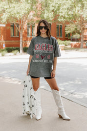 Grey Snow Wash BOSTON COLLEGE EAGLES Throwback Oversized Tee - Full Body Styled On Model | Gameday Couture - SOHO