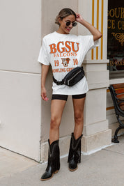 Ivory BGSU Falcons Unity Oversized Tee - Full Length Styled Look with Fringe Boots | Gameday Couture - SOHO