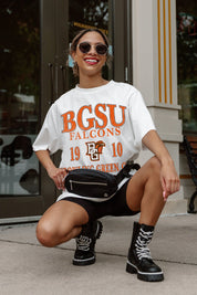 Ivory Bowling Green Falcons Oversized Tee - On Model Crouching Pose Gameday Outfit | Gameday Couture - SOHO