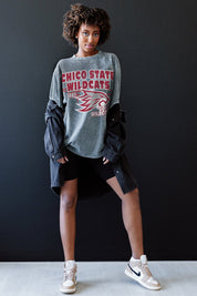 Grey Chico State Wildcats Keep The Lead Oversized Tee - Styled Full Length Front View | Gameday Couture - SOHO