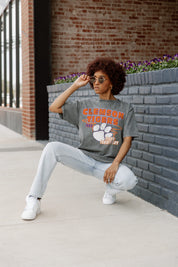 Grey Clemson Tigers Keep The Lead Oversized Tee - On Model Crouching Outdoor Style | Gameday Couture - SOHO