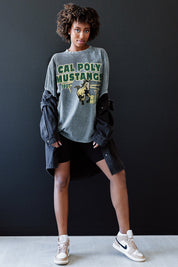 Grey Cal Poly Mustangs Keep The Lead Oversized Tee - Styled Full Length On Model with Jacket | Gameday Couture - SOHO