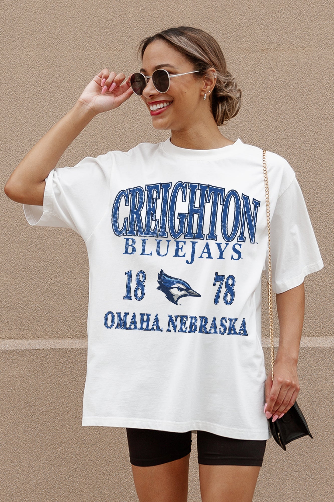 White CREIGHTON BLUEJAYS Unity Oversized Tee - Side Angle | Gameday Couture - SOHO