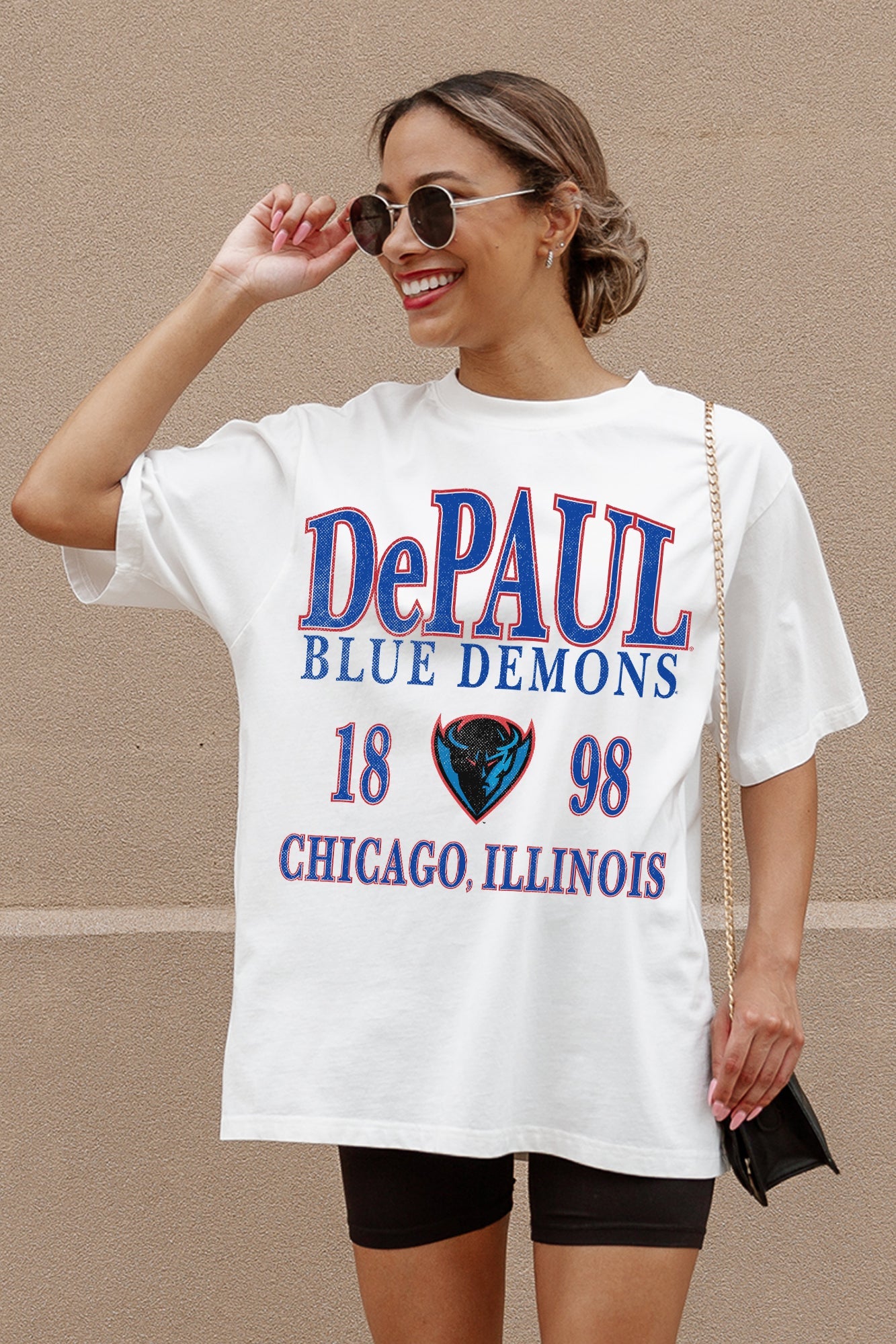 Ivory DePaul Blue Demons Unity Oversized Tee - Front Graphic Close-Up, Chicago Illinois | Gameday Couture - SOHO