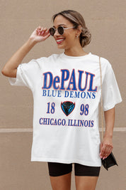 Ivory DePaul Blue Demons Unity Oversized Tee - Front Graphic Close-Up, Chicago Illinois | Gameday Couture - SOHO
