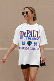 Ivory DePaul Blue Demons Unity Oversized Tee - Street Style Crouch Pose with Belt Bag | Gameday Couture - SOHO