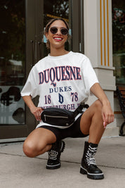 Ivory Duquesne Dukes Unity Oversized Tee - Crouching Pose Street Style with Combat Boots | Gameday Couture - SOHO