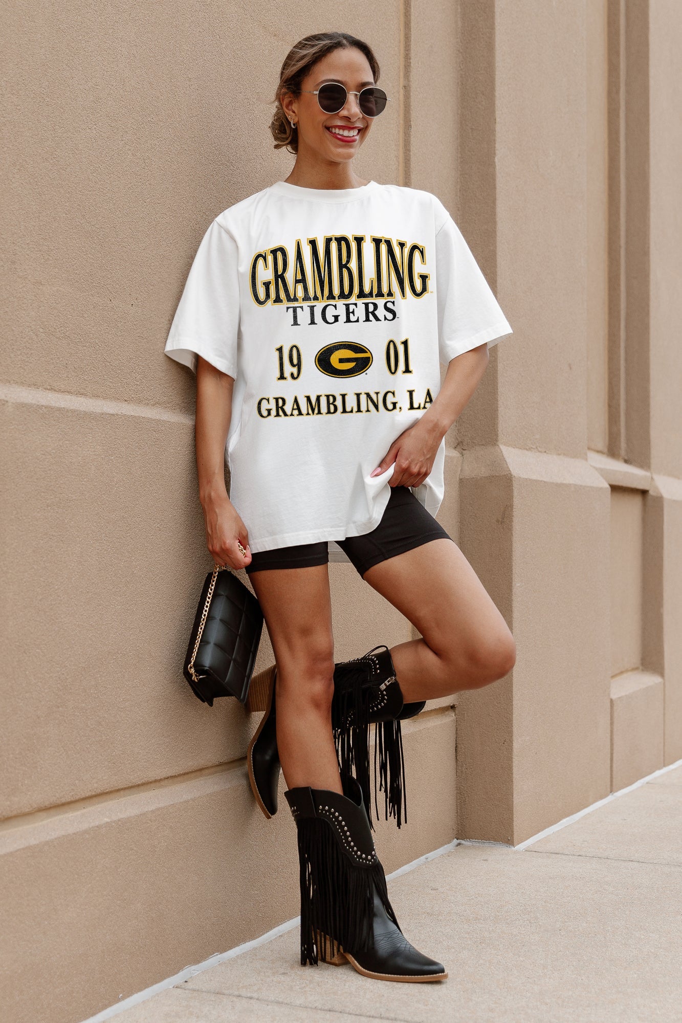 Ivory Grambling State Tigers Unity Oversized Tee - On Model Street Style, Full Length View | Gameday Couture - SOHO