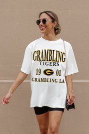 Ivory Grambling State Tigers Unity Oversized Tee - On Model Walking, Relaxed Fit Front View | Gameday Couture - SOHO