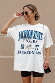 Ivory Jackson State Tigers Unity Oversized Tee - Front Graphic Close-Up, On Model | Gameday Couture - SOHO