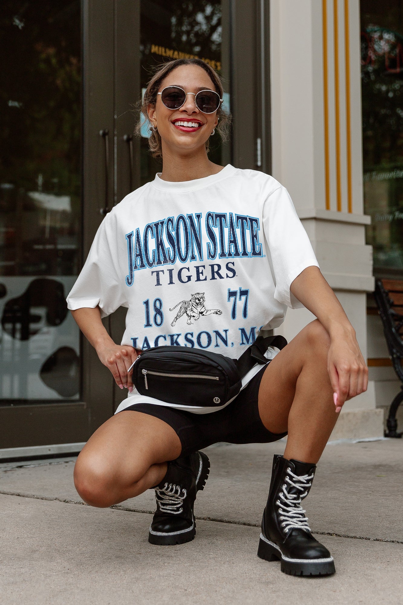 Ivory Jackson State Tigers Unity Oversized Tee - Crouching Pose Styled Look with Combat Boots | Gameday Couture - SOHO
