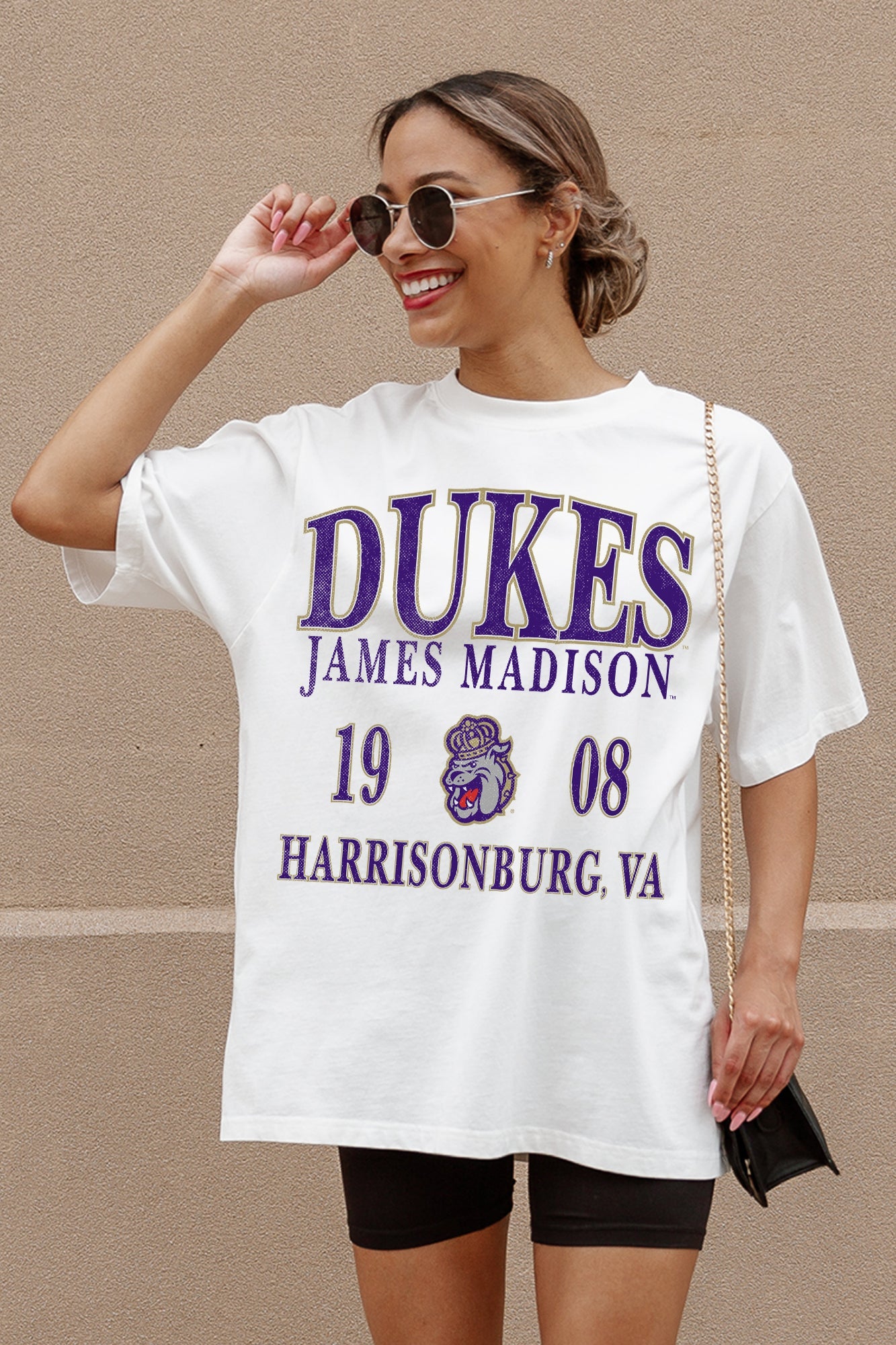 Ivory James Madison Dukes Unity Oversized Tee - Front Graphic Close-Up On Model | Gameday Couture - SOHO