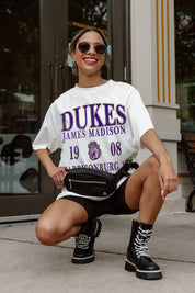 Ivory James Madison Dukes Unity Oversized Tee - Crouching Pose Street Style Gameday Outfit | Gameday Couture - SOHO