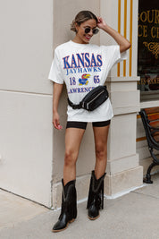 Ivory Kansas Jayhawks Unity Oversized Tee - Full Length Styled Look with Fringe Boots | Gameday Couture - SOHO