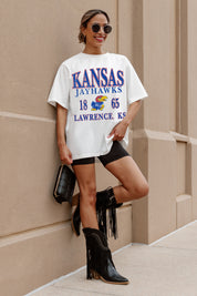 Ivory Kansas Jayhawks Unity Oversized Tee - On Model Front View Leaning Against Wall | Gameday Couture - SOHO