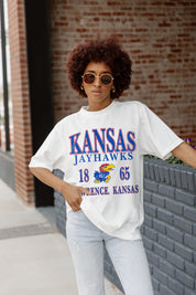 Ivory Kansas Jayhawks Unity Oversized Crewneck Tee - Front View On Model with Distressed Jeans | Gameday Couture - SOHO