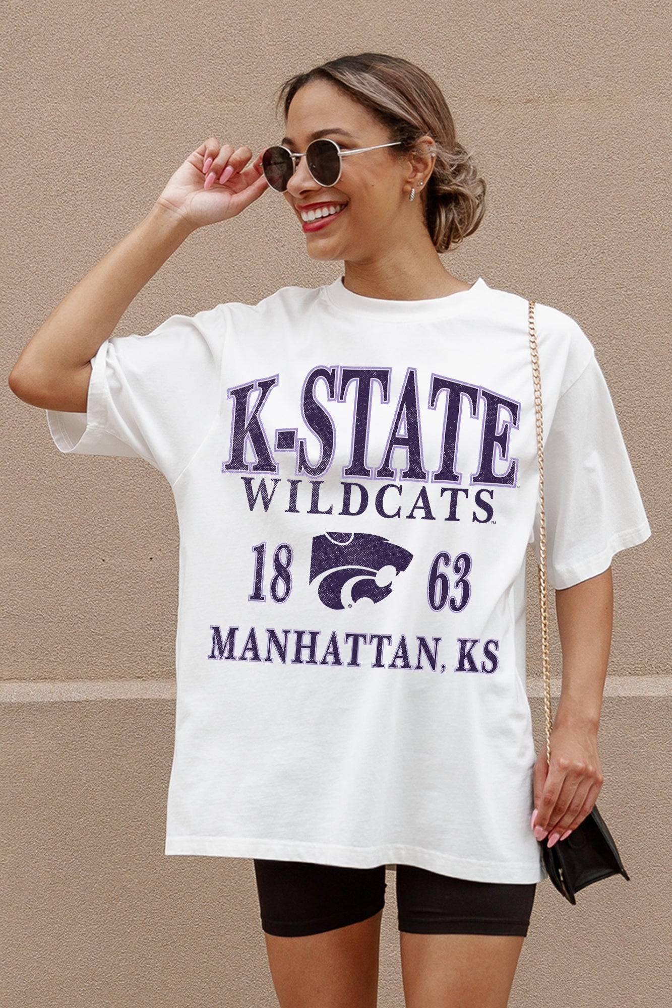 Ivory K-State Wildcats Unity Oversized Tee - Front Graphic Close-Up, Trendy Gameday Shirt On Model | Gameday Couture - SOHO