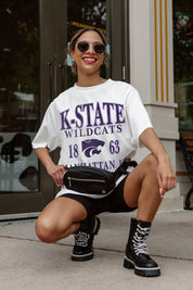 Ivory Kansas State Wildcats Unity Oversized Tee - Crouching Pose Styled with Belt Bag & Combat Boots | Gameday Couture - SOHO