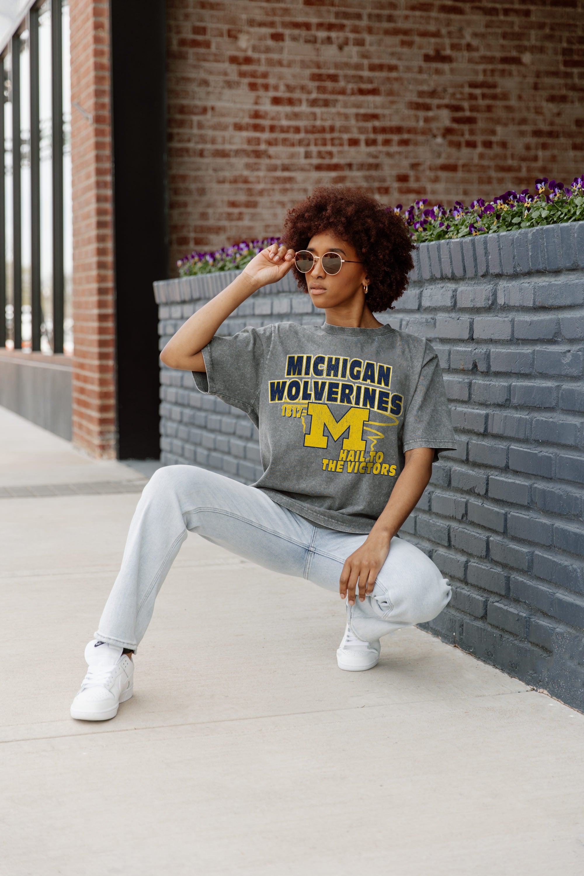 Grey Michigan Wolverines Keep The Lead Oversized Tee - On Model Crouching Outdoor Styled Look | Gameday Couture - SOHO