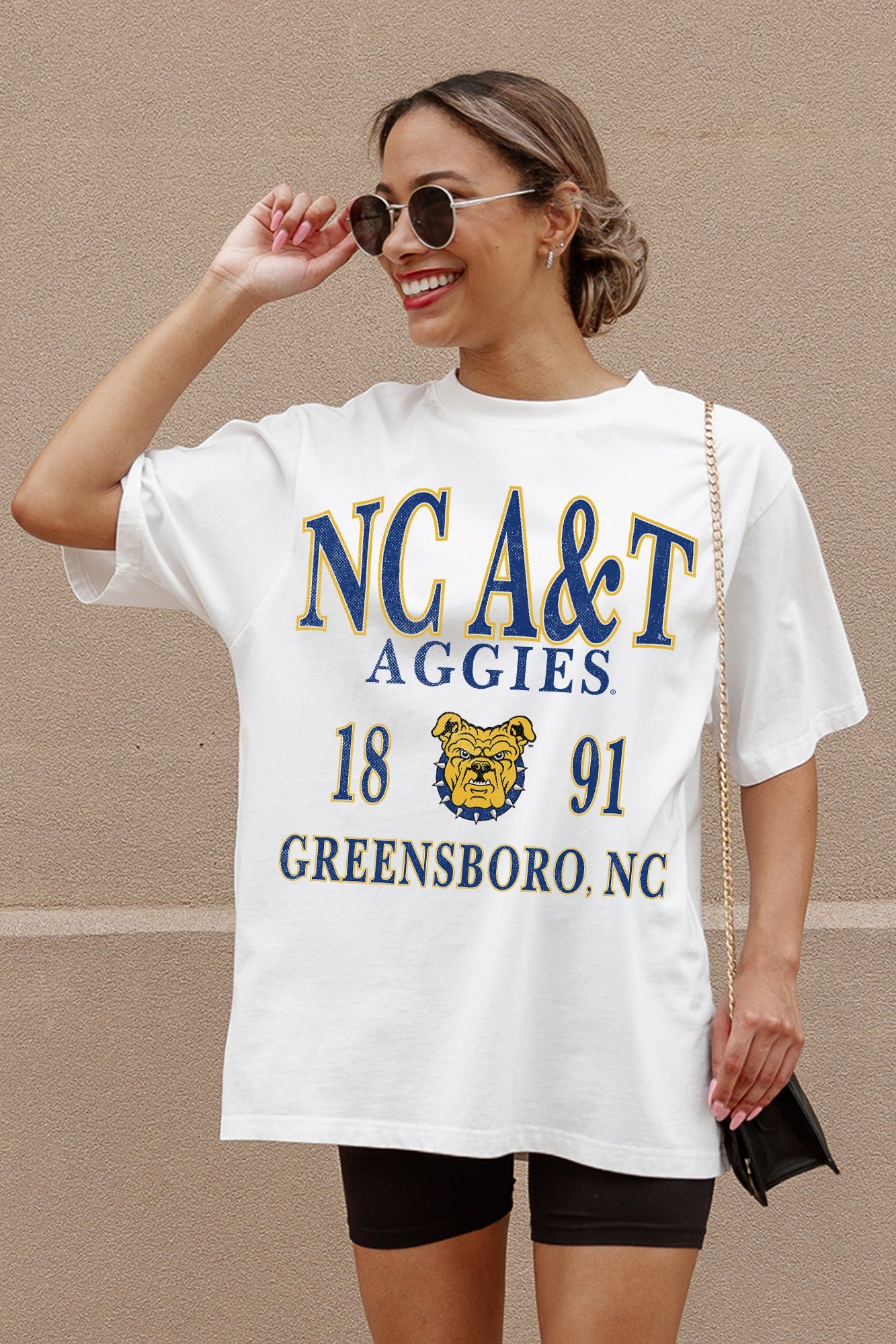 White NC A&T Aggies Unity Oversized Tee - Side Angle on Model | Gameday Couture - SOHO