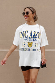 White NC A&T Aggies Unity Oversized Tee - Walking Pose on Model | Gameday Couture - SOHO