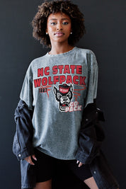 Grey NC State Wolfpack Keep The Lead Oversized Tee - Graphic Detail, Layered with Black Jacket | Gameday Couture - SOHO