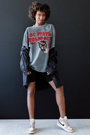 Grey NC State Wolfpack Keep The Lead Oversized Tee - Full-Length Styled Look with Black Jacket and Bike Shorts | Gameday Couture - SOHO