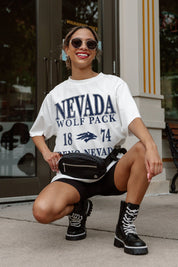 Ivory Nevada Wolf Pack Unity Oversized Tee - Crouching Pose Street Style with Combat Boots | Gameday Couture - SOHO