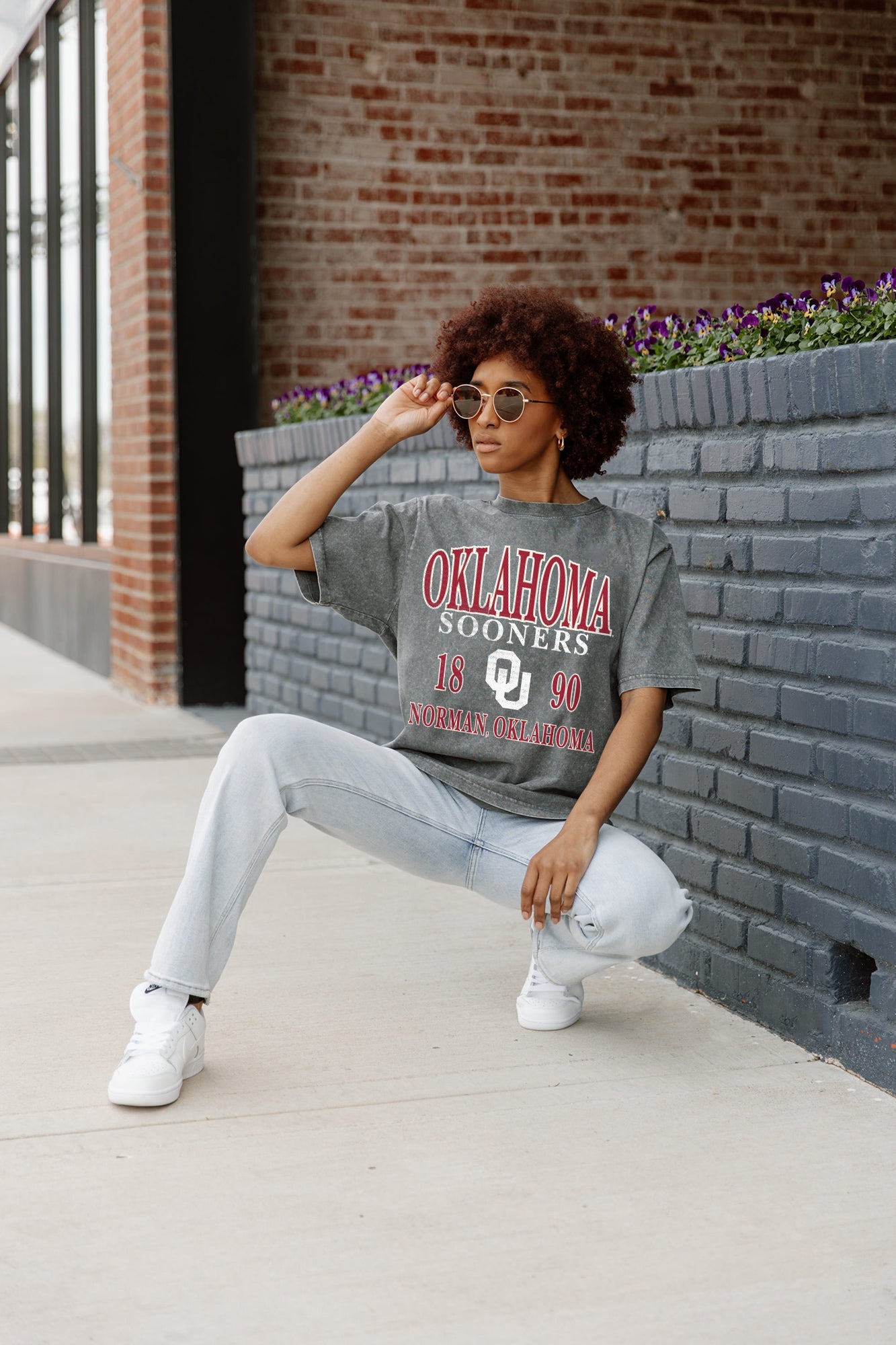Grey Oklahoma Sooners Dynasty Oversized Crewneck Tee - Street Style Crouch Pose On Model | Gameday Couture - SOHO