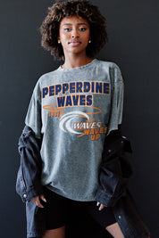 Grey Pepperdine Waves Keep The Lead Oversized Tee - On Model Front Close-Up Graphic Detail | Gameday Couture - SOHO