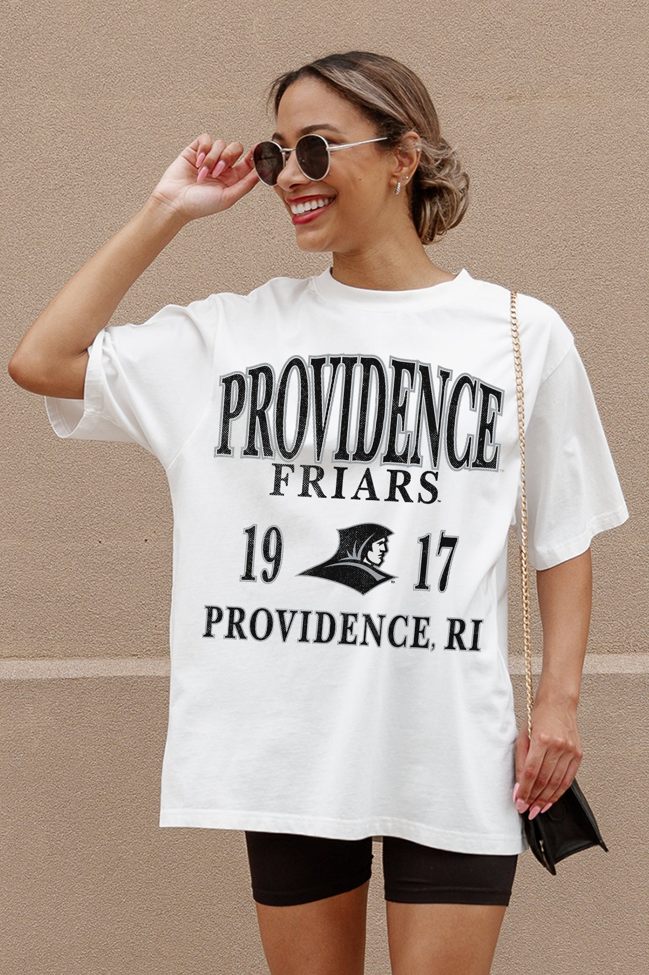Ivory Providence Friars Unity Oversized Tee - Graphic Detail Close-Up On Model | Gameday Couture - SOHO