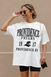 Ivory Providence Friars Unity Oversized Tee - Graphic Detail Close-Up On Model | Gameday Couture - SOHO