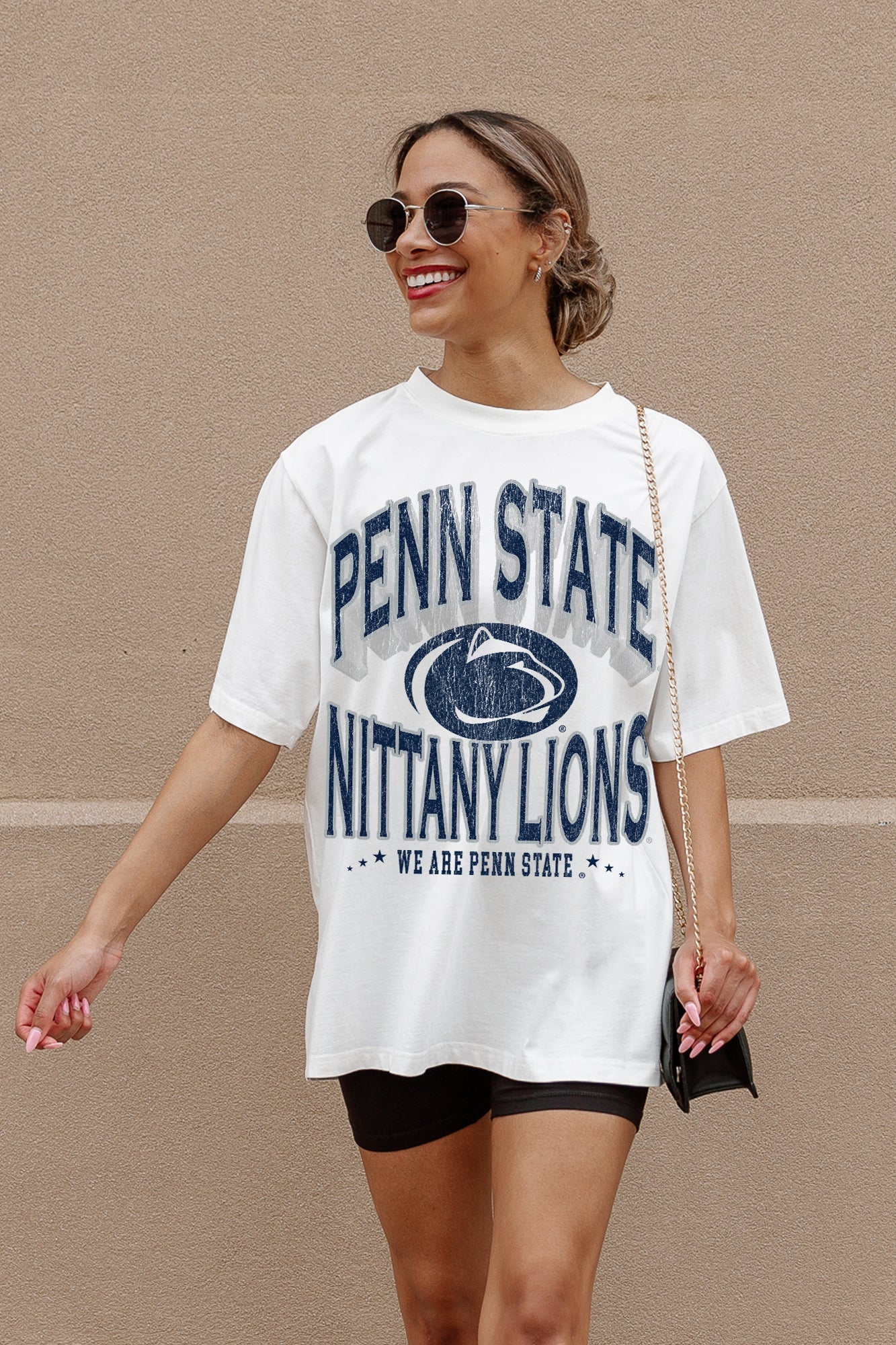 Ivory Penn State Nittany Lions Shakedown Oversized Crewneck Tee - Front Graphic Detail On Model | Gameday Couture - SOHO
