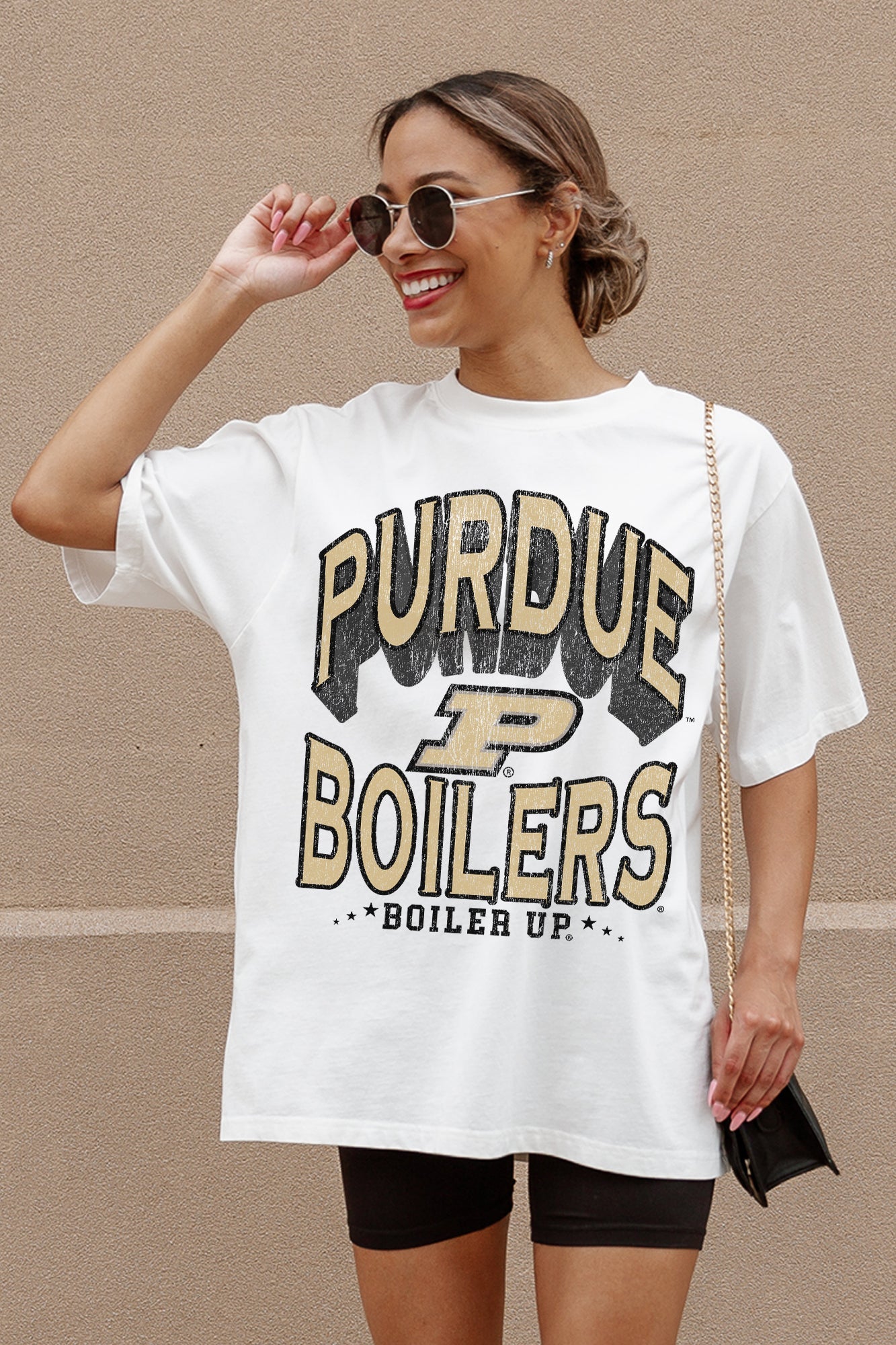 Ivory PURDUE BOILERMAKERS Shakedown Oversized Crewneck Tee - Front View On Model | Gameday Couture - SOHO