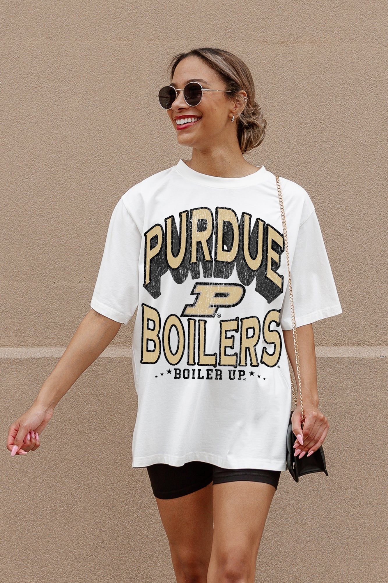 Ivory PURDUE BOILERMAKERS Shakedown Oversized Crewneck Tee - Walking Movement On Model | Gameday Couture - SOHO